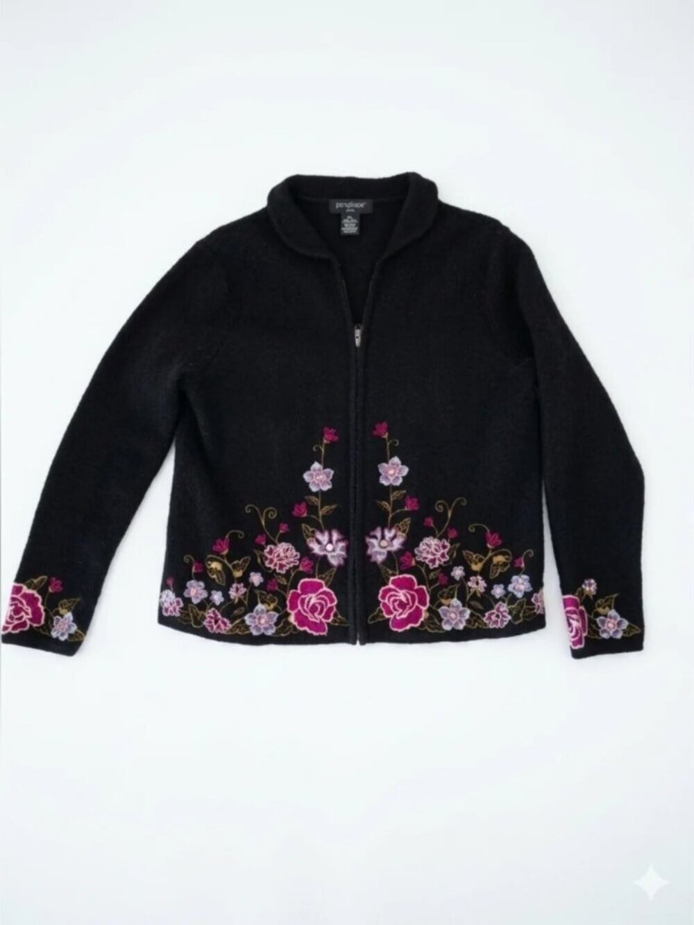 Wool Black Floral Embroidered Zip Up Cottagecore Vintage Jacket Cardigan PL